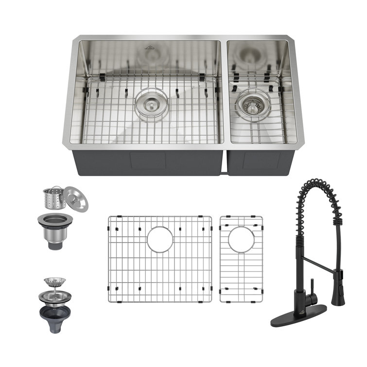 32" Stainless Steel Undermount Double Bowl Kitchen Sink with Matte Black Faucet