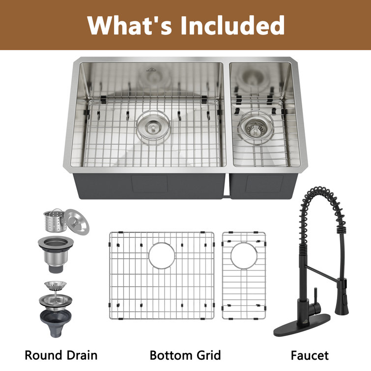 32" Stainless Steel Undermount Double Bowl Kitchen Sink with Matte Black Faucet
