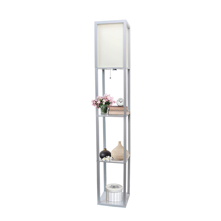 Elegant Gray Floor Lamp with Linen Shade and Display Shelves