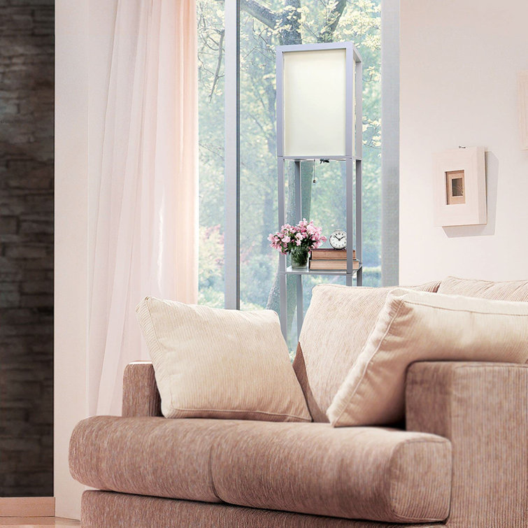 Elegant Gray Floor Lamp with Linen Shade and Display Shelves