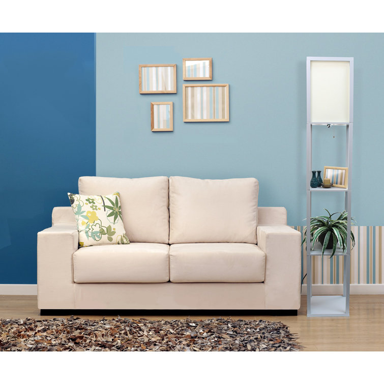 Elegant Gray Floor Lamp with Linen Shade and Display Shelves