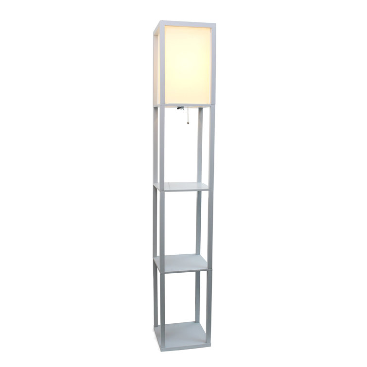 Elegant Gray Floor Lamp with Linen Shade and Display Shelves