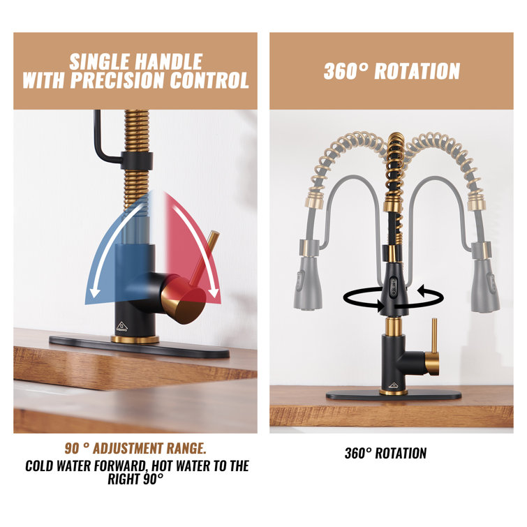 Matte Black and Brushed Gold Stainless Steel Pull Down Kitchen Faucet
