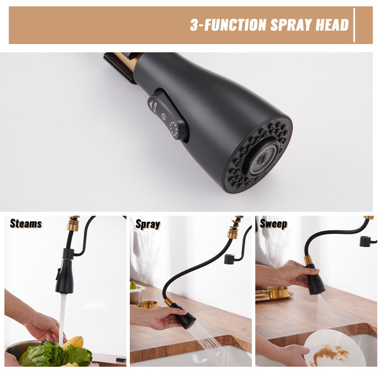 Matte Black and Brushed Gold Stainless Steel Pull Down Kitchen Faucet