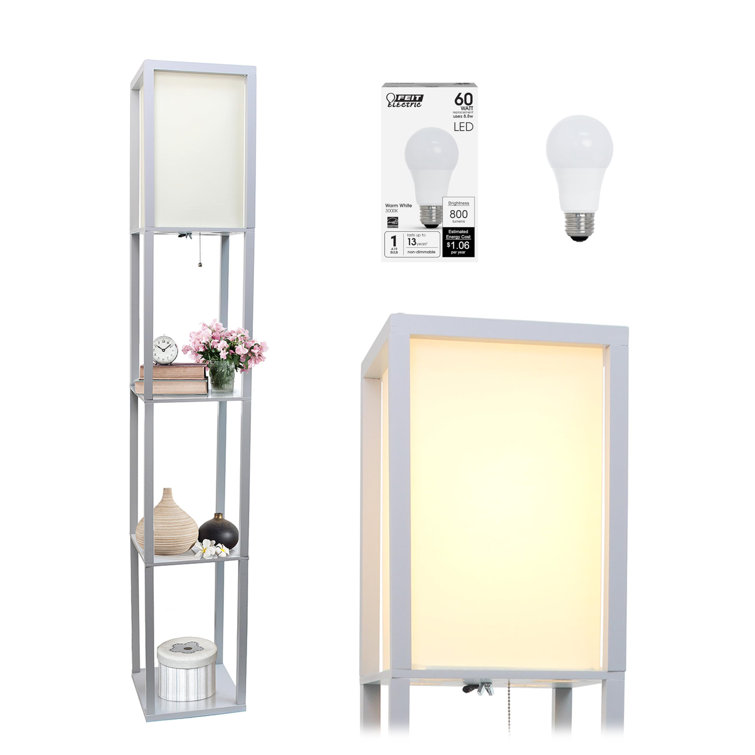 Elegant Gray Floor Lamp with Linen Shade and Display Shelves