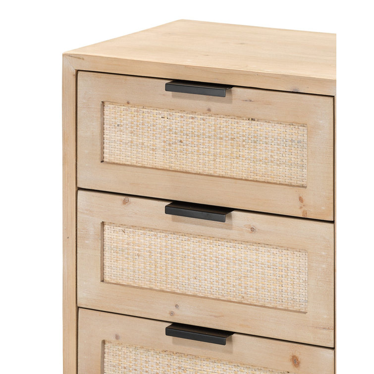 Coastal Charm 3-Drawer Wood & Iron Side Table with Rattan Accents