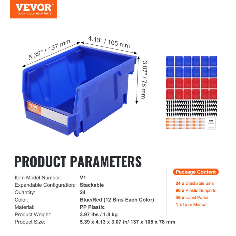 VEVOR Blue and Red Stackable Plastic Storage Bins 24-Pack