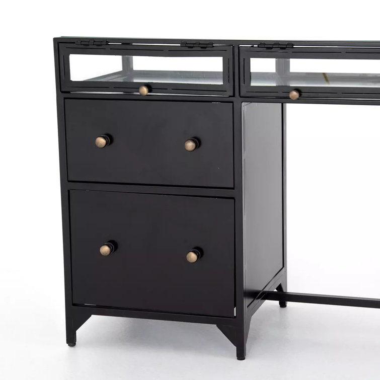 Contemporary Black Iron & Glass Home Office Desk with Drawer