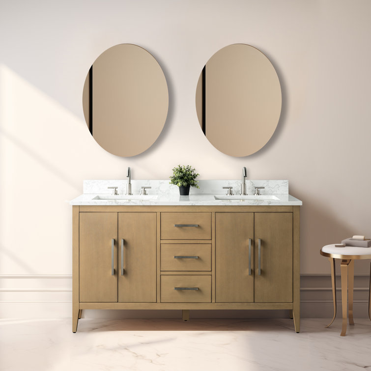 60" Natural Oak Double Sink Freestanding Bathroom Vanity with Engineered Marble Top
