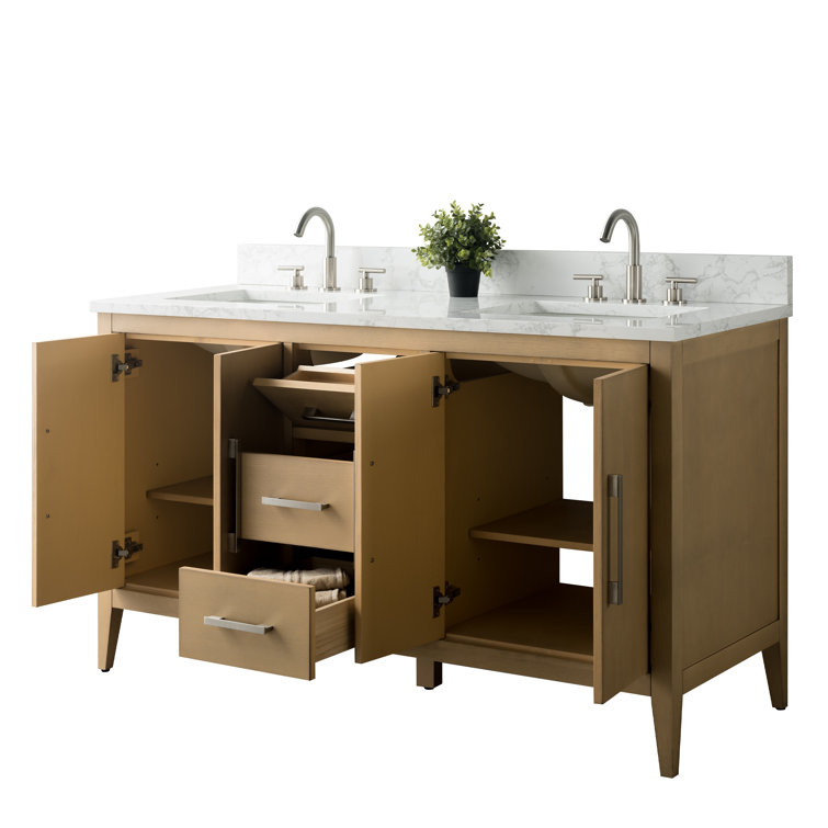 60" Natural Oak Double Sink Freestanding Bathroom Vanity with Engineered Marble Top