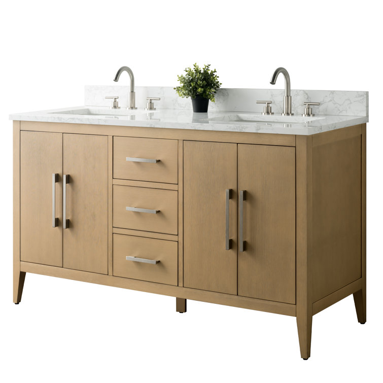 60" Natural Oak Double Sink Freestanding Bathroom Vanity with Engineered Marble Top