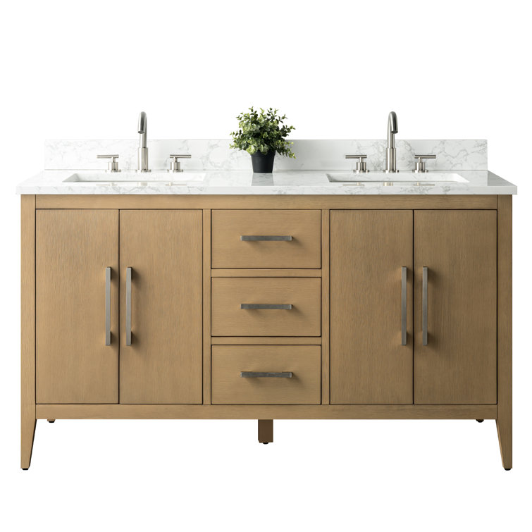 60" Natural Oak Double Sink Freestanding Bathroom Vanity with Engineered Marble Top