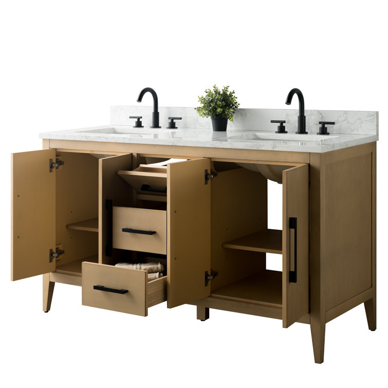 60" Natural Oak Double Sink Bathroom Vanity with Marble Top