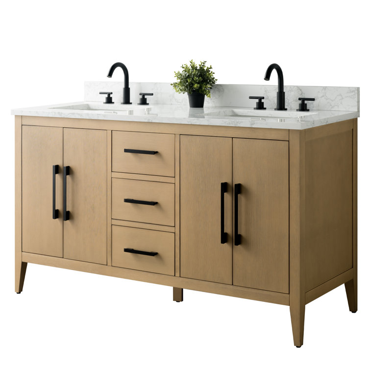 60" Natural Oak Double Sink Bathroom Vanity with Marble Top