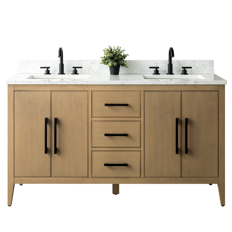 60" Natural Oak Double Sink Bathroom Vanity with Marble Top