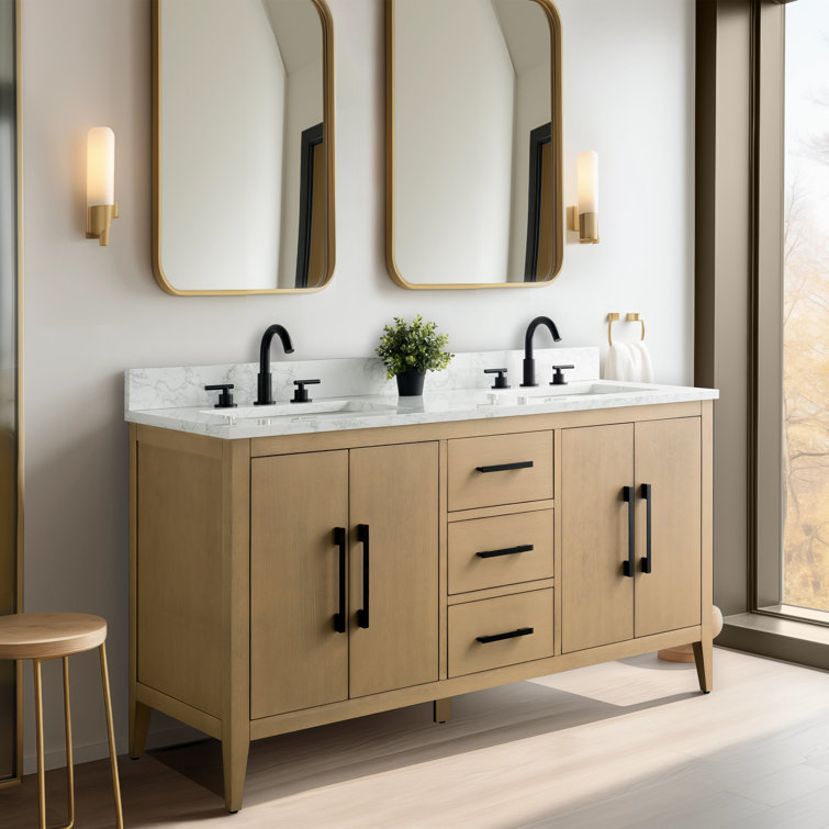 60" Natural Oak Double Sink Bathroom Vanity with Marble Top