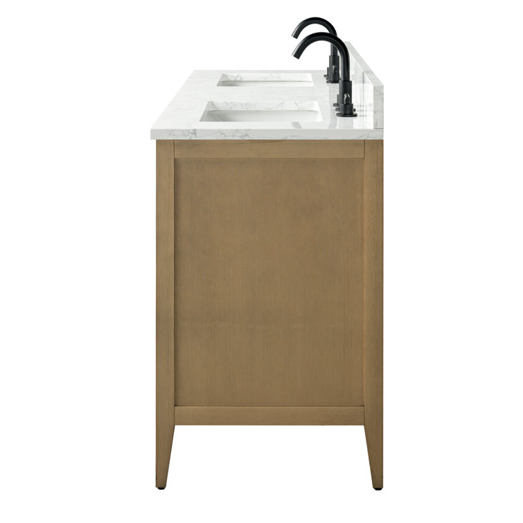 60" Natural Oak Double Sink Bathroom Vanity with Marble Top