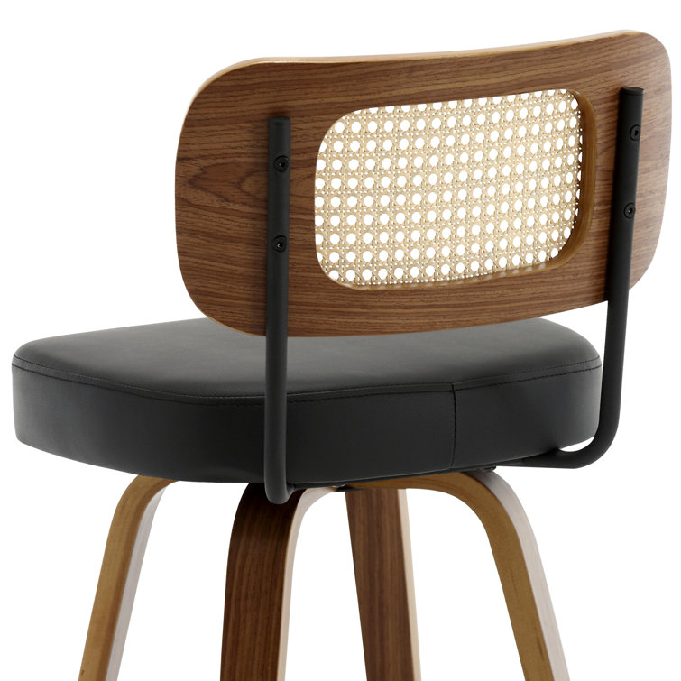 Black Swivel Bar Stools with Rattan Back and Wood Legs, Set of 2