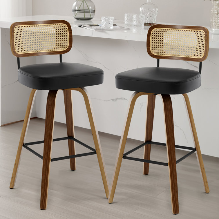 Black Swivel Bar Stools with Rattan Back and Wood Legs, Set of 2