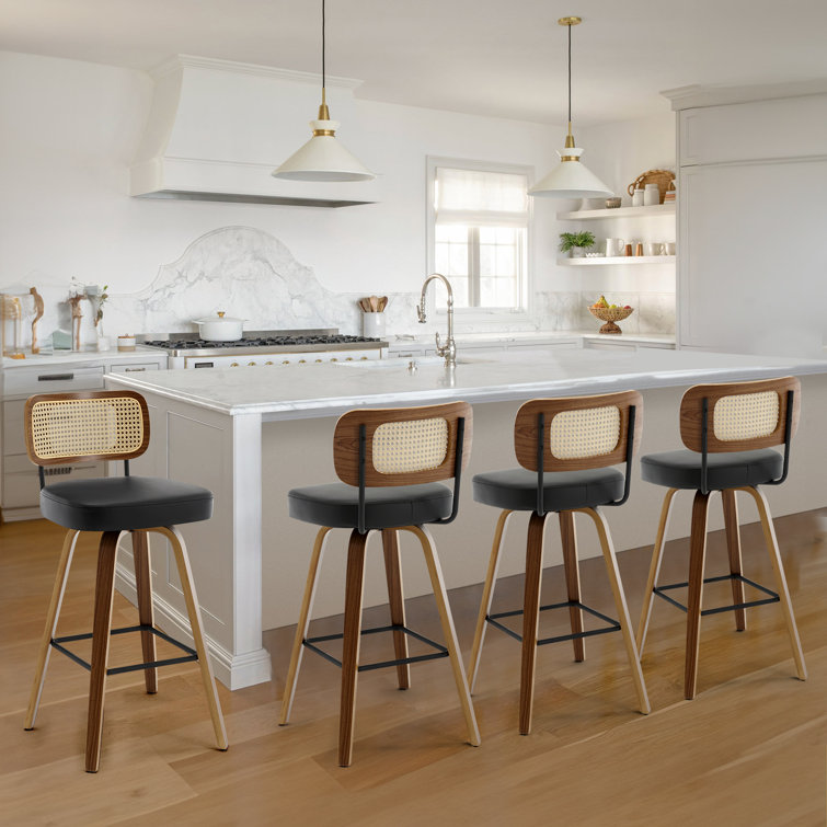 Black Swivel Bar Stools with Rattan Back and Wood Legs, Set of 2