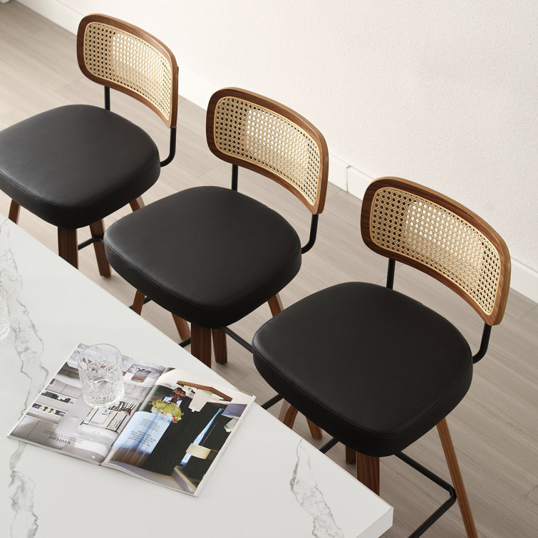 Black Swivel Bar Stools with Rattan Back and Wood Legs, Set of 2