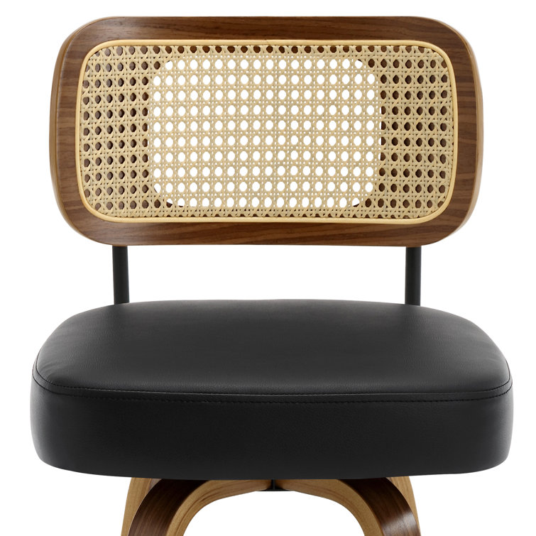 Black Swivel Bar Stools with Rattan Back and Wood Legs, Set of 2