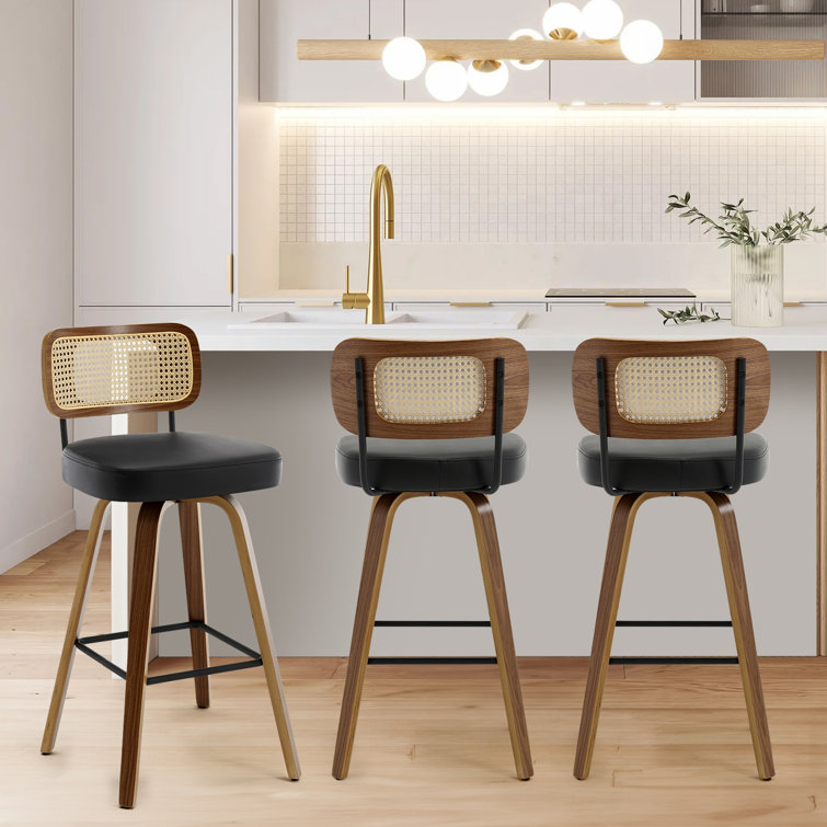Black Swivel Bar Stools with Rattan Back and Wood Legs, Set of 2