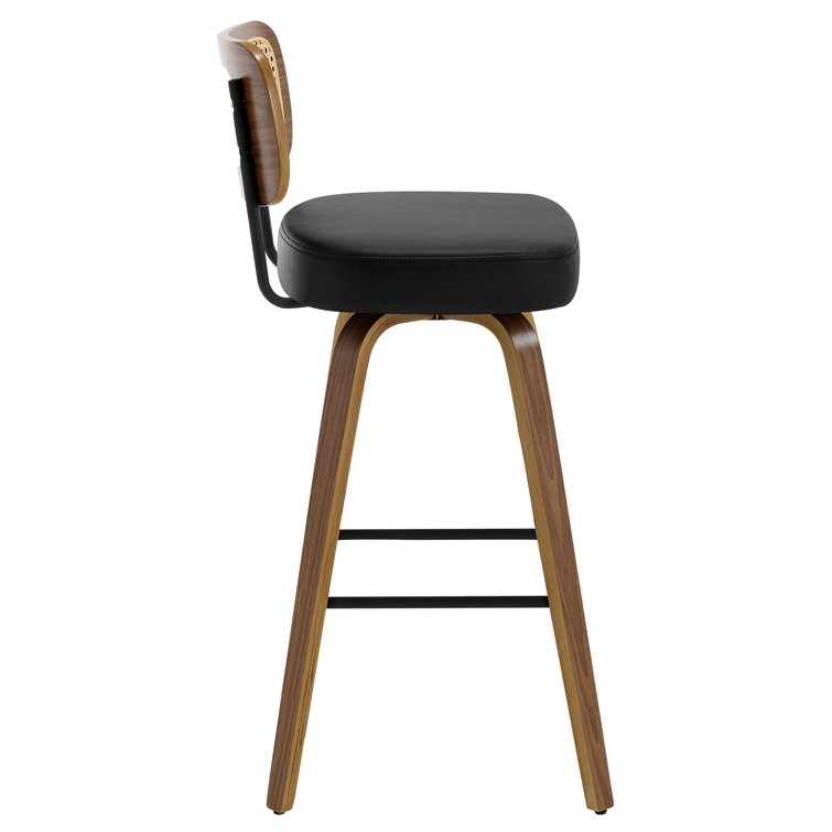 Black Swivel Bar Stools with Rattan Back and Wood Legs, Set of 2