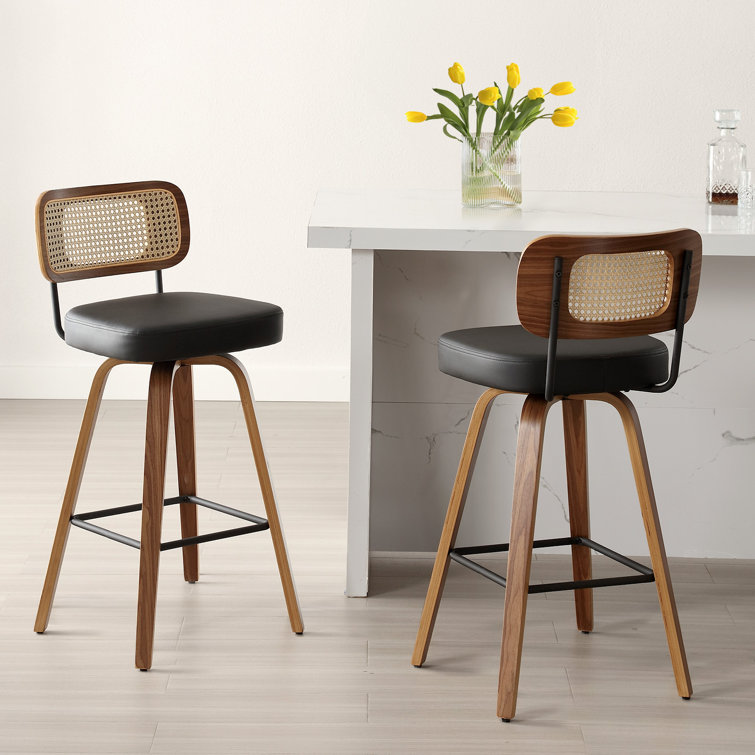 Black Swivel Bar Stools with Rattan Back and Wood Legs, Set of 2