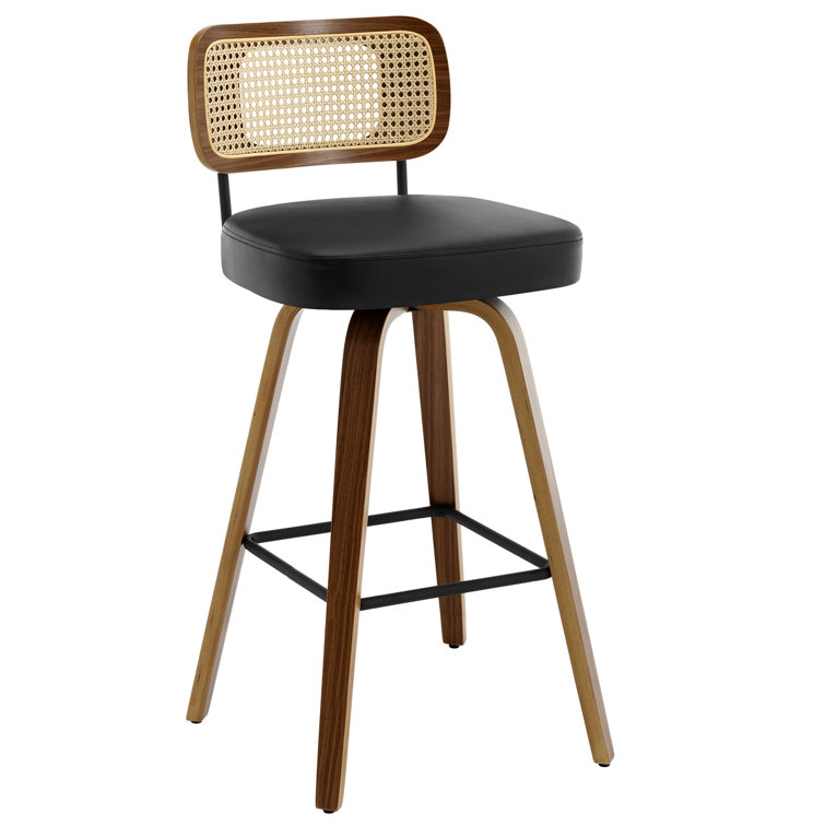 Black Swivel Bar Stools with Rattan Back and Wood Legs, Set of 2