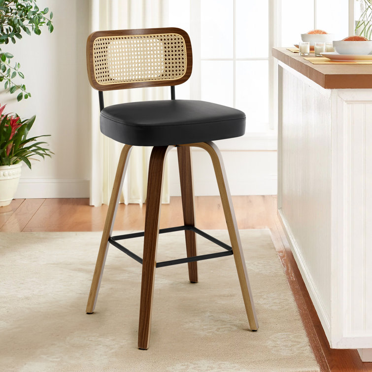 Black Swivel Bar Stools with Rattan Back and Wood Legs, Set of 2