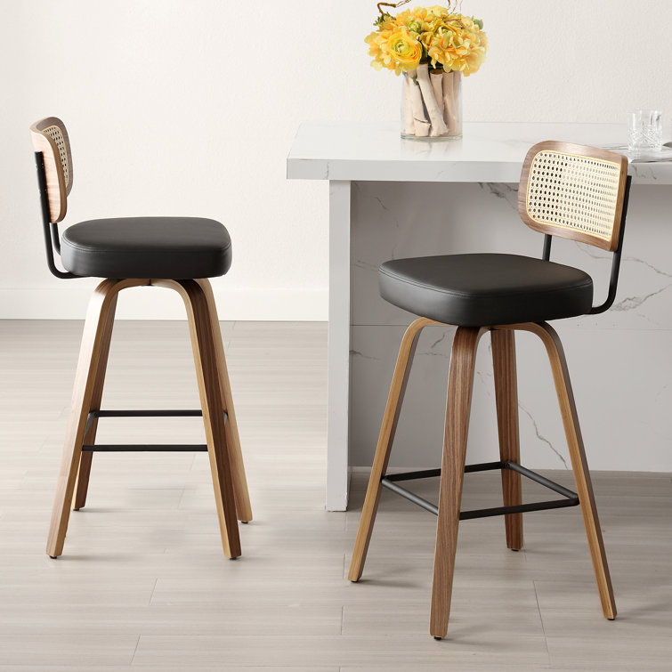 Black Swivel Bar Stools with Rattan Back and Wood Legs, Set of 2