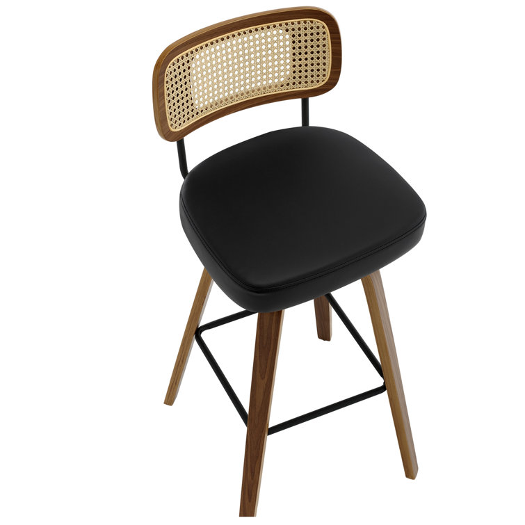 Black Swivel Bar Stools with Rattan Back and Wood Legs, Set of 2