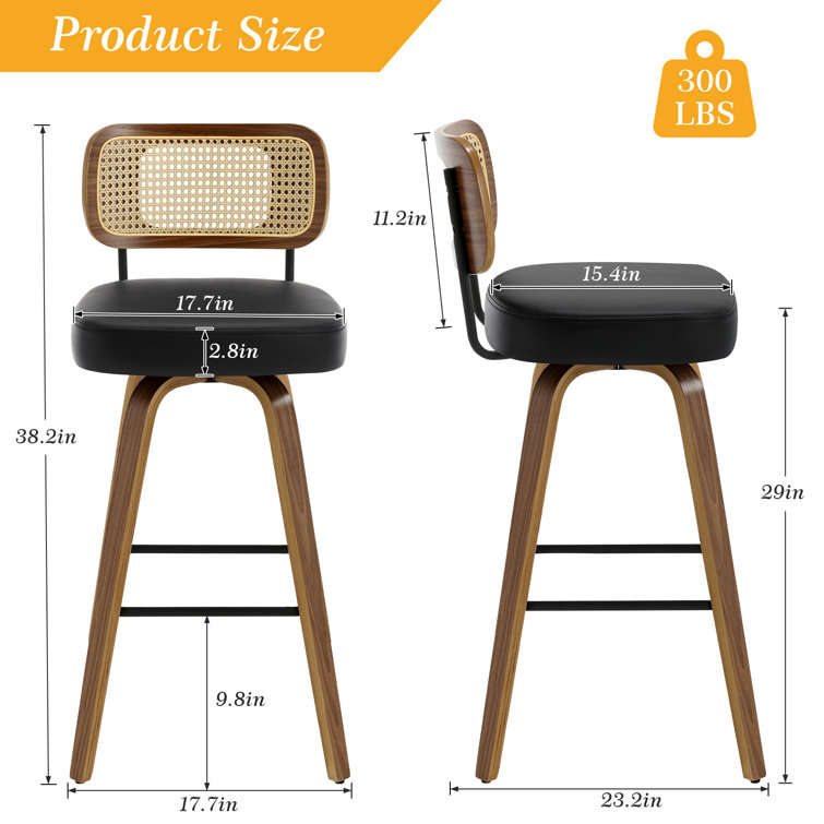 Black Swivel Bar Stools with Rattan Back and Wood Legs, Set of 2