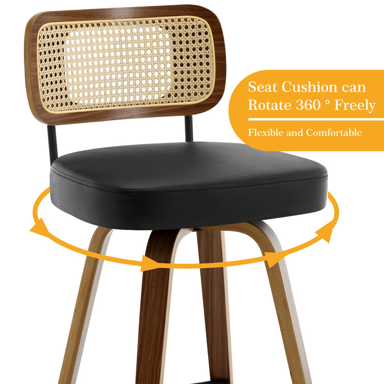 Black Swivel Bar Stools with Rattan Back and Wood Legs, Set of 2