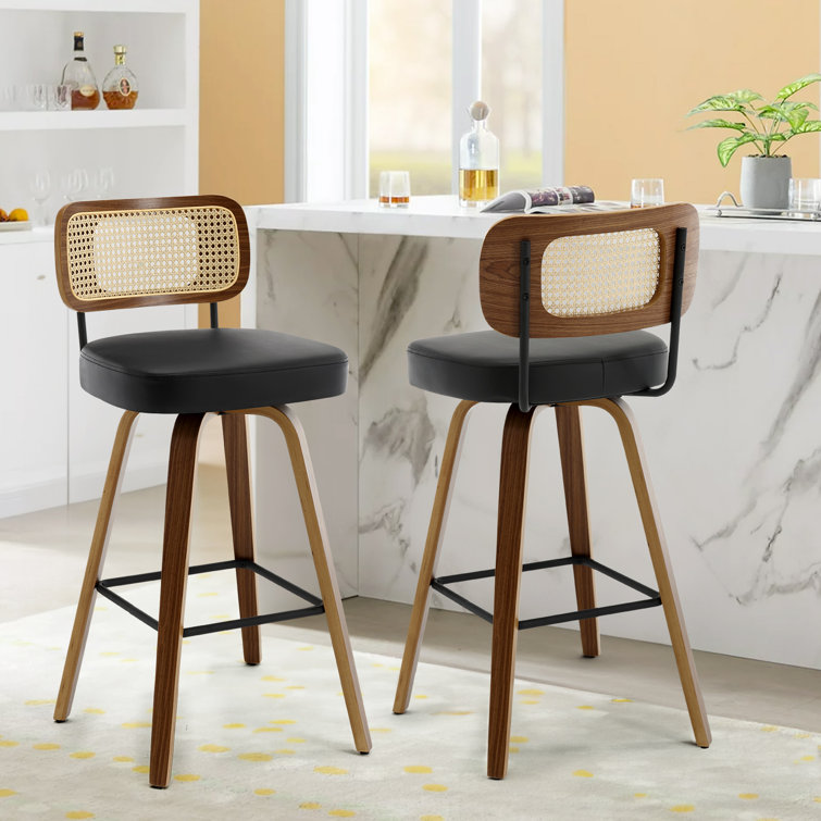Black Swivel Bar Stools with Rattan Back and Wood Legs, Set of 2