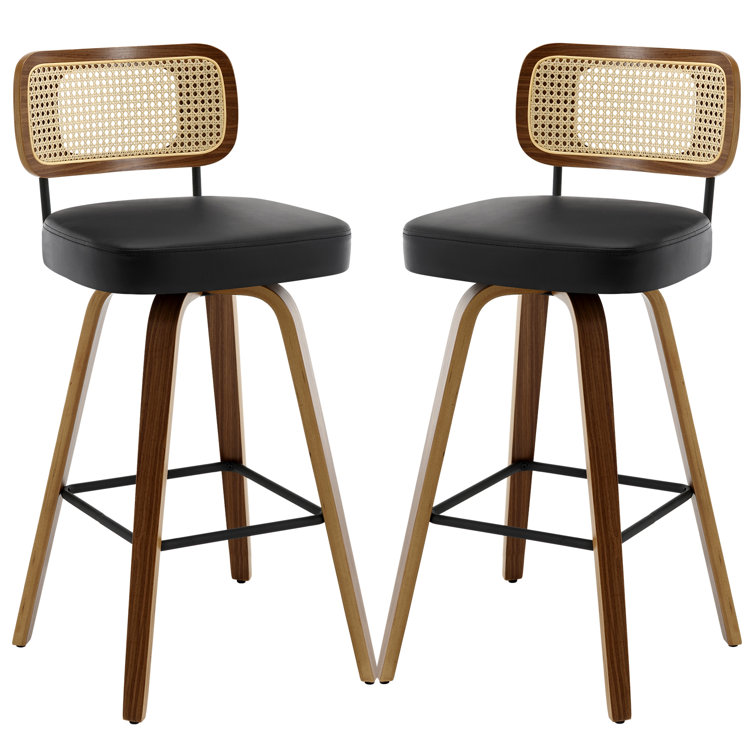 Black Swivel Bar Stools with Rattan Back and Wood Legs, Set of 2