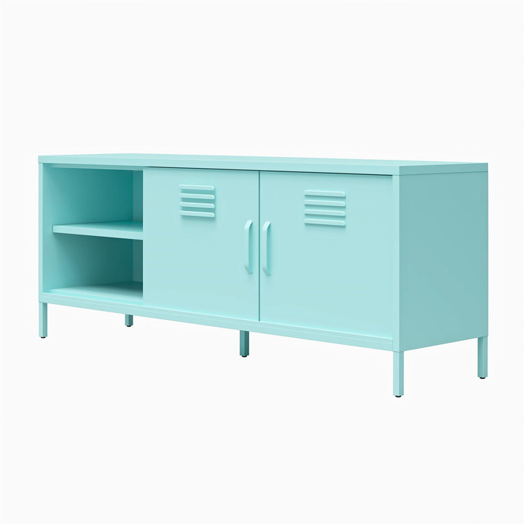 Mint Powder-Coated Metal TV Stand with Sliding Doors