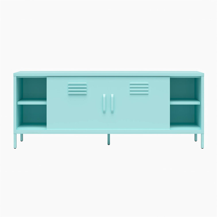Mint Powder-Coated Metal TV Stand with Sliding Doors