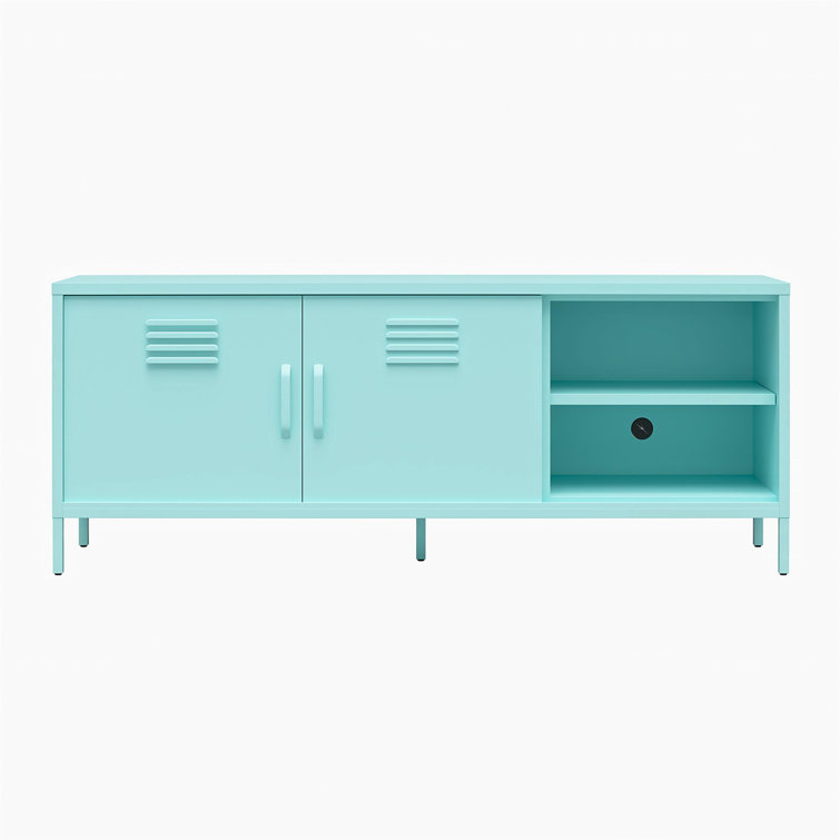 Mint Powder-Coated Metal TV Stand with Sliding Doors