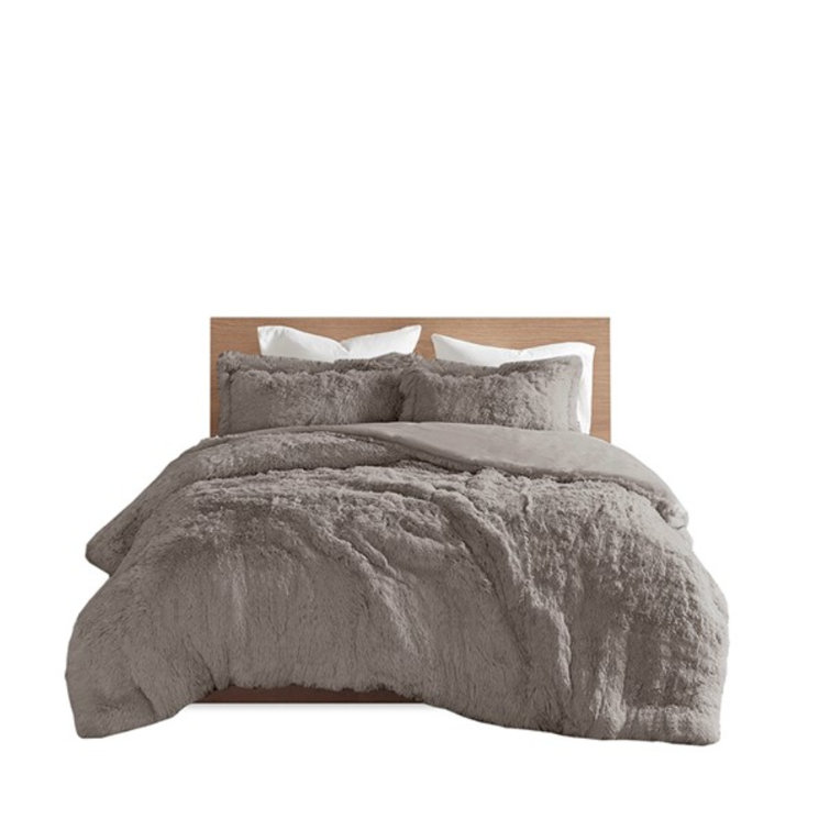 Gray Shaggy Faux Fur Twin Bedspread Cover Set