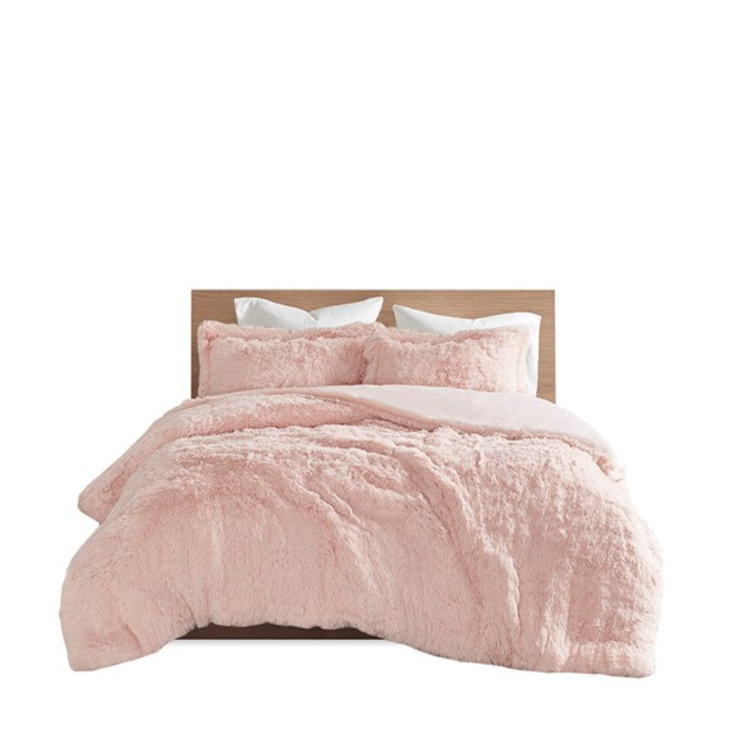 Blush Twin Shaggy Faux Fur Bedspread Cover Set