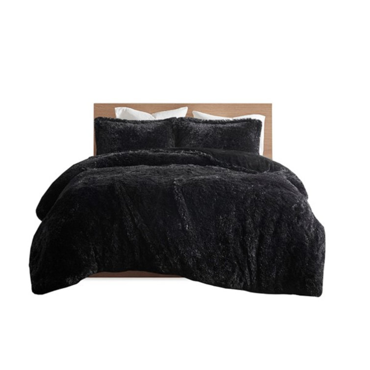 King Black Shaggy Faux Fur Duvet Cover Set