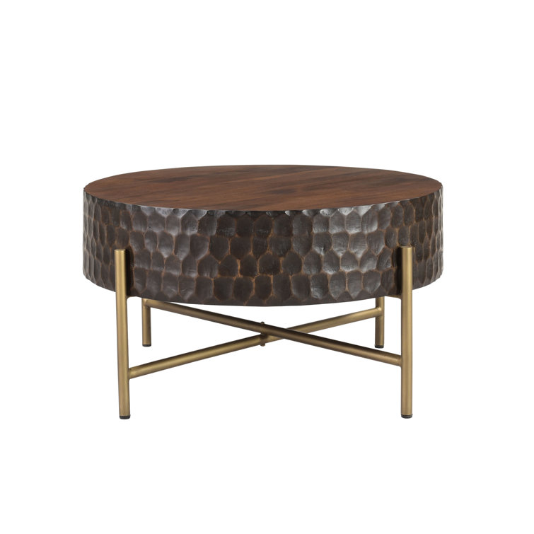 Round Brown Mango Wood and Gold Metal Coffee Table