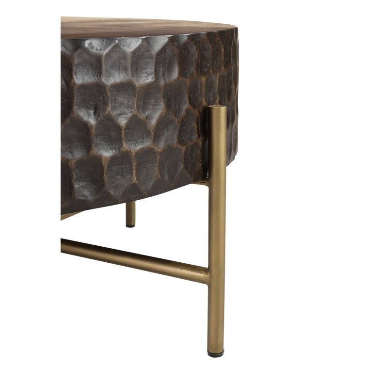 Round Brown Mango Wood and Gold Metal Coffee Table