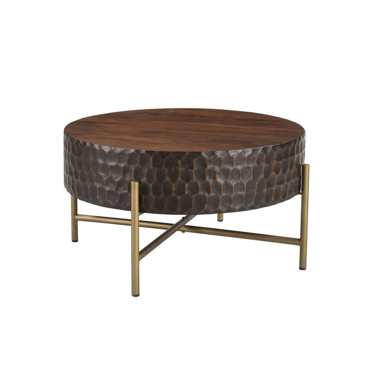 Round Brown Mango Wood and Gold Metal Coffee Table