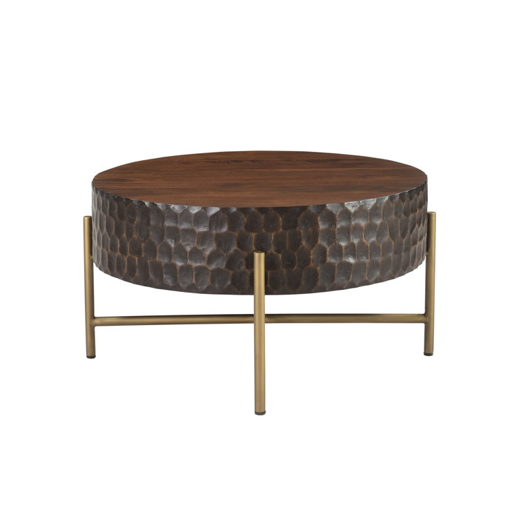 Round Brown Mango Wood and Gold Metal Coffee Table