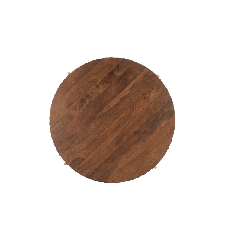 Round Brown Mango Wood and Gold Metal Coffee Table