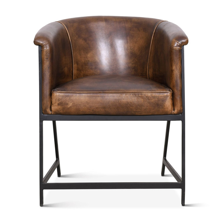 Antique Whiskey Brown Leather Armchair with Metal Frame