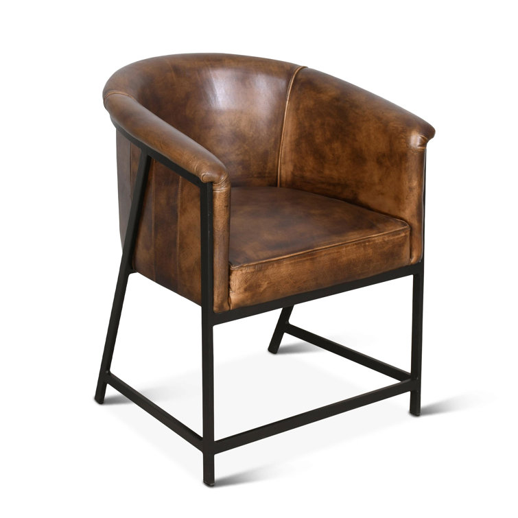 Antique Whiskey Brown Leather Armchair with Metal Frame